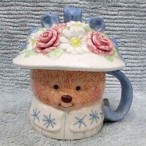 Hallmark 1990's Hand Painted Mrs Bear Flower Hat Covered Porcelain Mug T29